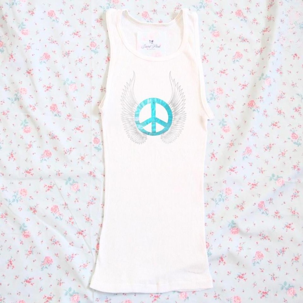 y2k indie slease top white ribbed tank top peace sign angel wings graphic y2k